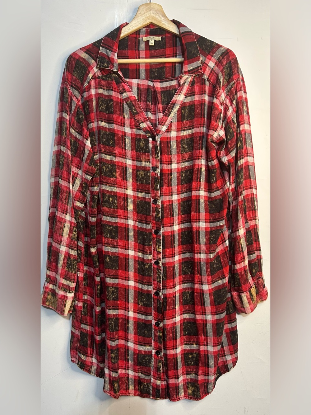5 for $25🔥Kori American Red Plaid Button Front Tunic Shirt Large